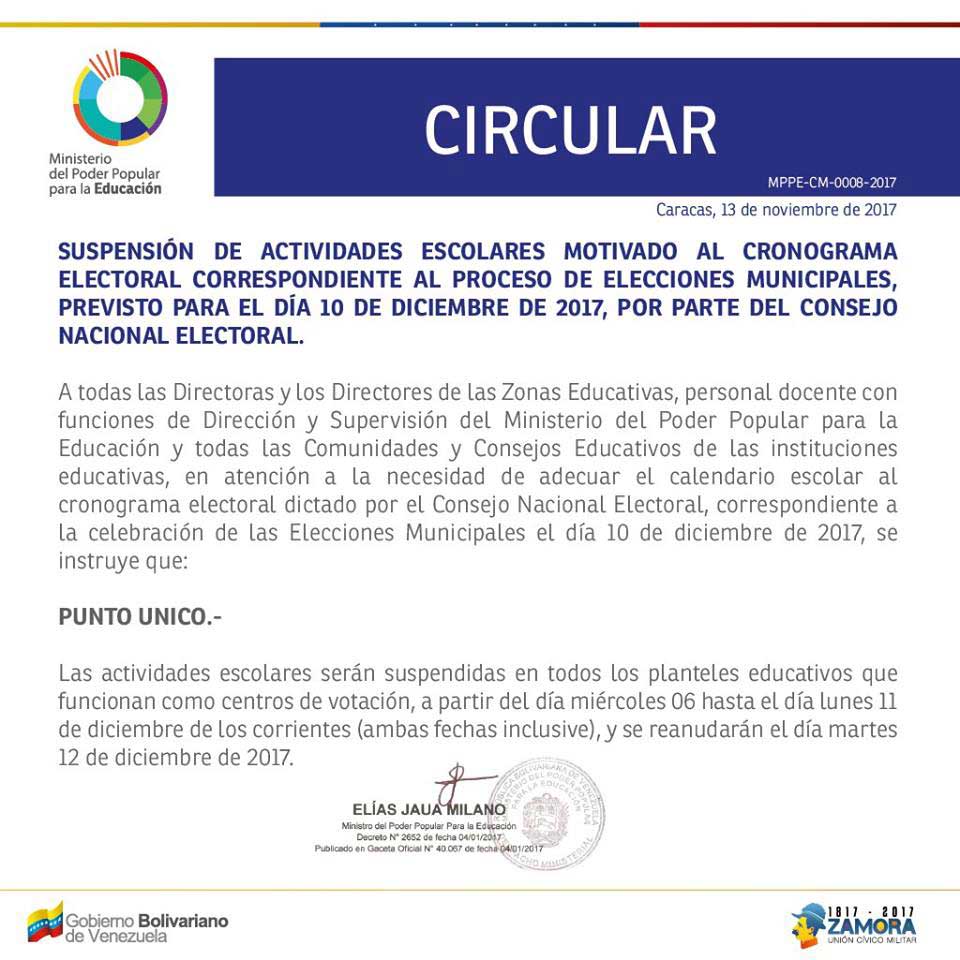 Circular del Ministerio del Poder Popular para la Educación